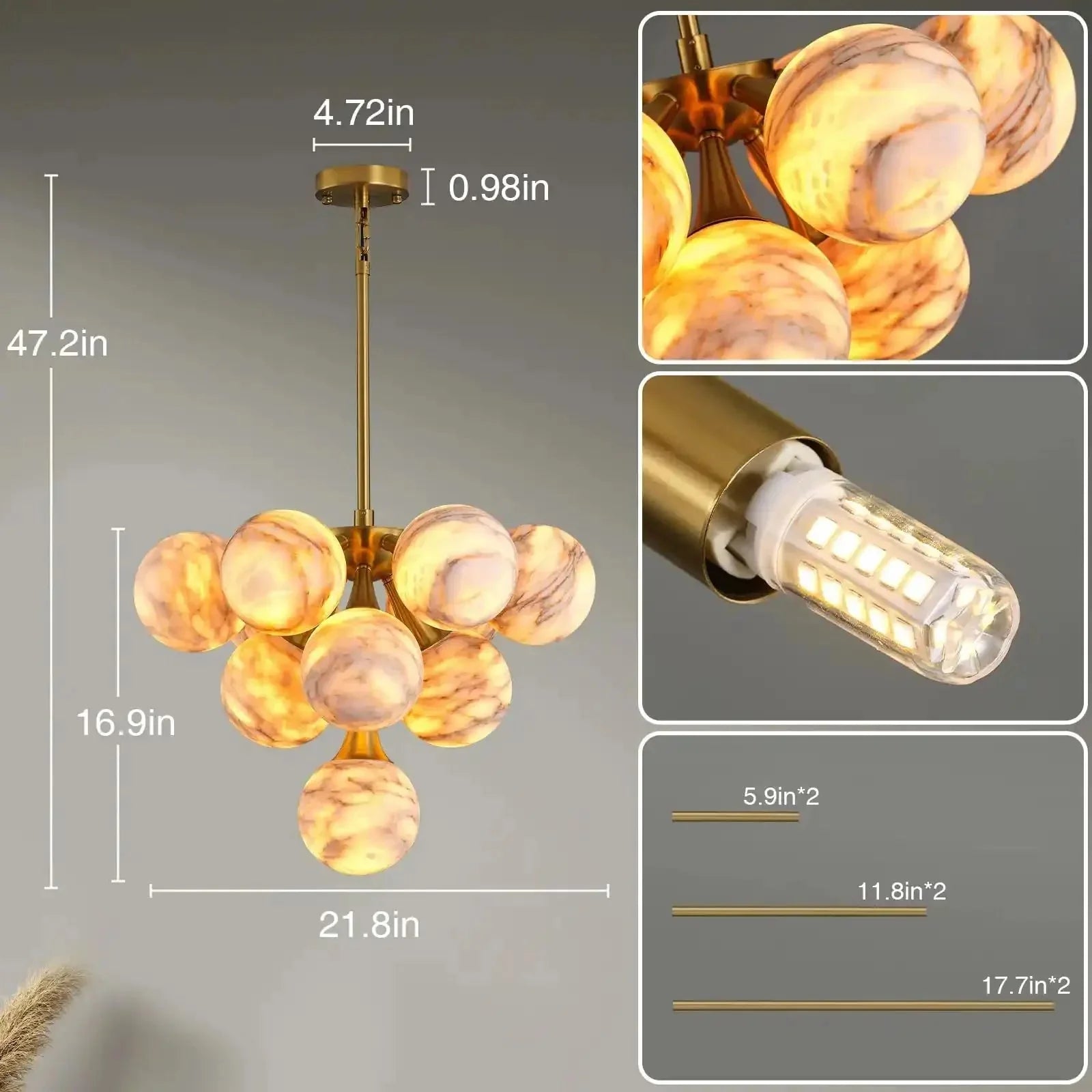 Mid Century Modern Sputnik 12 Light Gold Alabaster Globe Chandelier - D800Blushlighting