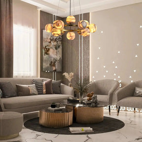 Mid Century Modern Sputnik 12 Light Gold Alabaster Globe Chandelier - D800Blushlighting