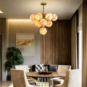 Mid Century Modern Sputnik 12 Light Gold Alabaster Globe Chandelier - D800Blushlighting