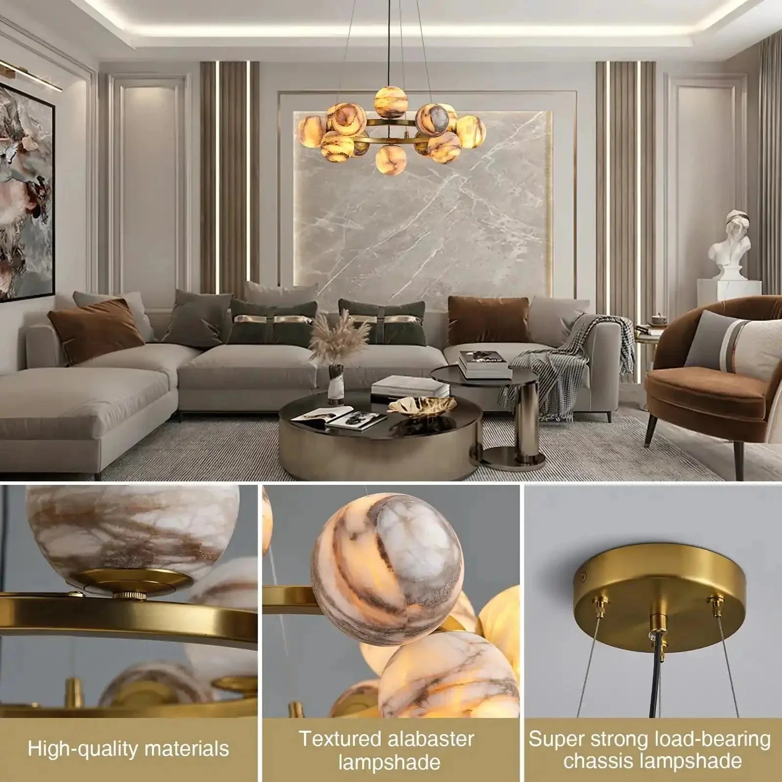 Mid Century Modern Sputnik 12 Light Gold Alabaster Globe Chandelier - D800Blushlighting