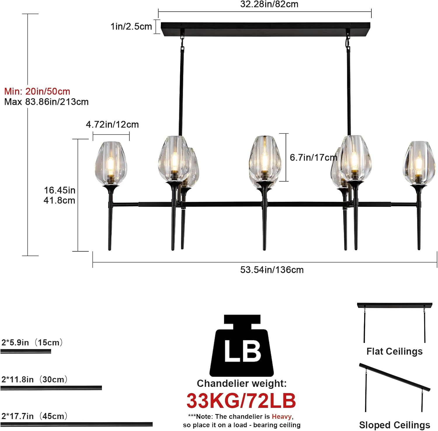 Modern Black 8-Light 52in Rectangle Crystal Pendant Chandelier for Dining