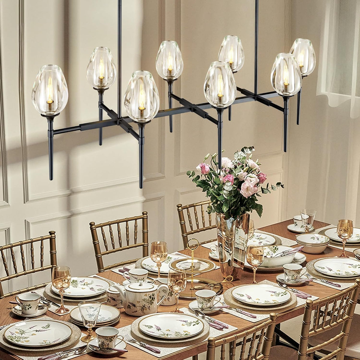 Modern Black 8-Light 52in Rectangle Crystal Pendant Chandelier for Dining