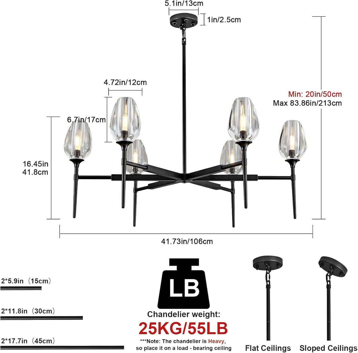 Modern Black Crystal Chandelier 6 Lights 42in Round K9 Tulip Pendant