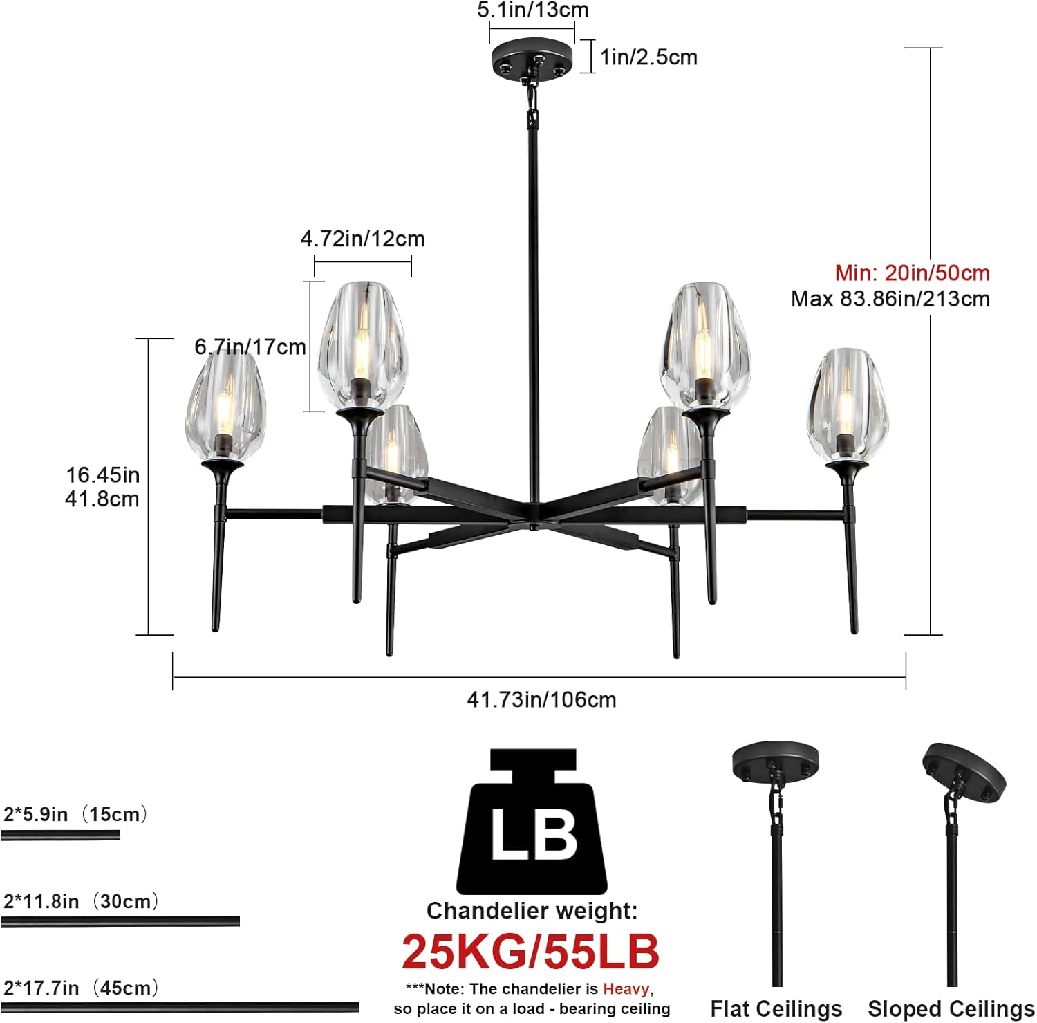 Modern Black Crystal Chandelier 6 Lights 42in Round K9 Tulip Pendant