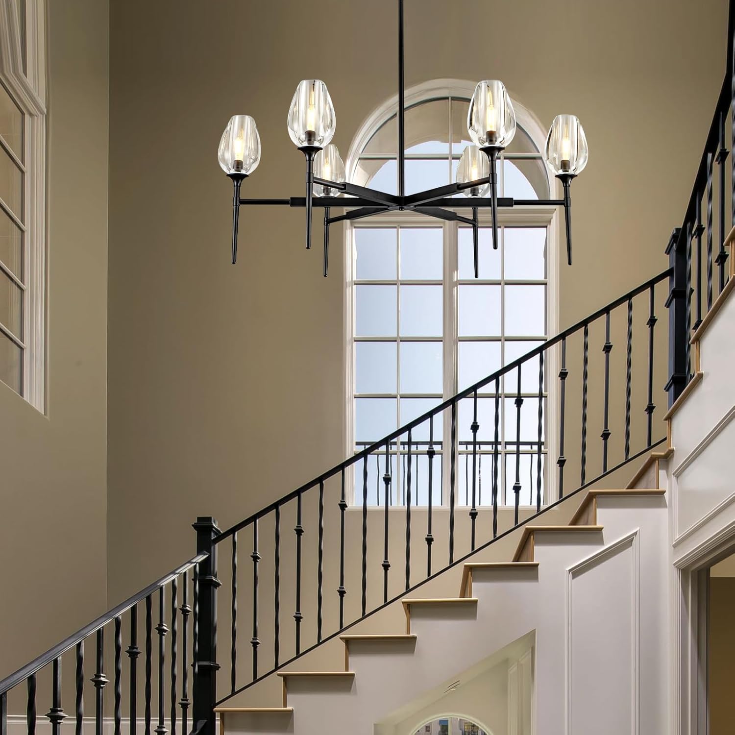 Modern Black Crystal Chandelier 6 Lights 42in Round K9 Tulip Pendant