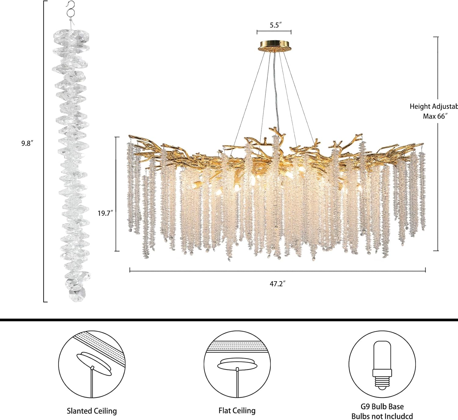 YUYI Modern Crystal Chandelier: 47.2" Gold Tree Branch Pendant Light Fixture