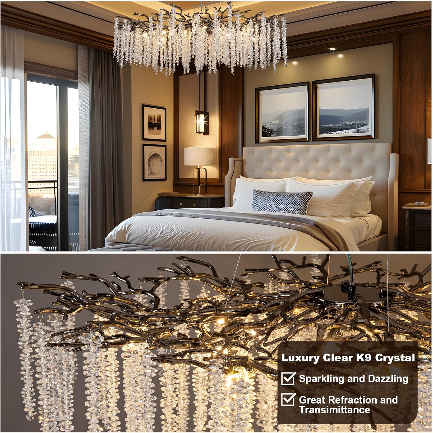 Modern Crystal Chandelier for Dining Room, Black Luxury Round Tree Branches Design