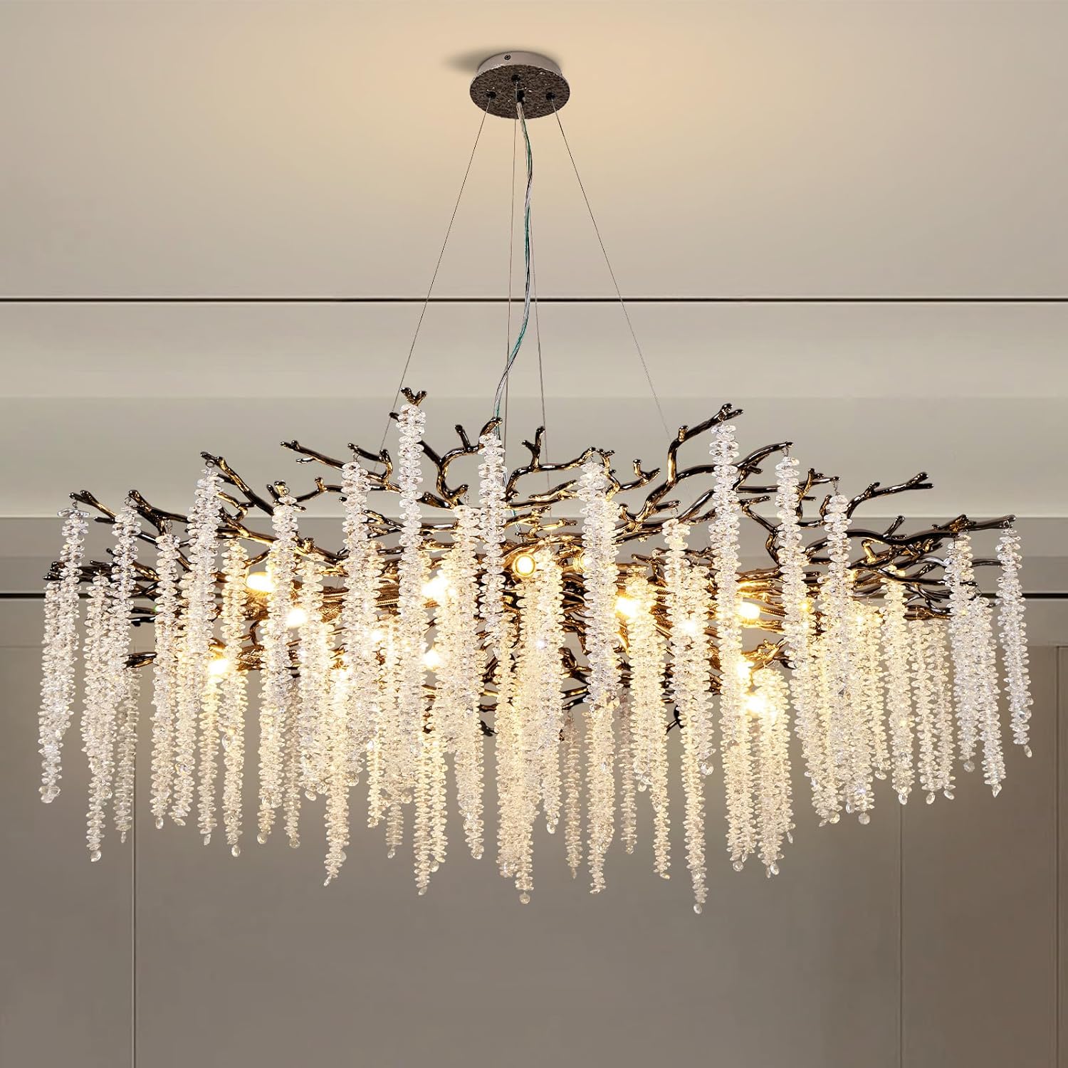 Modern Crystal Chandelier for Dining Room, Black Luxury Round Tree Branches Design