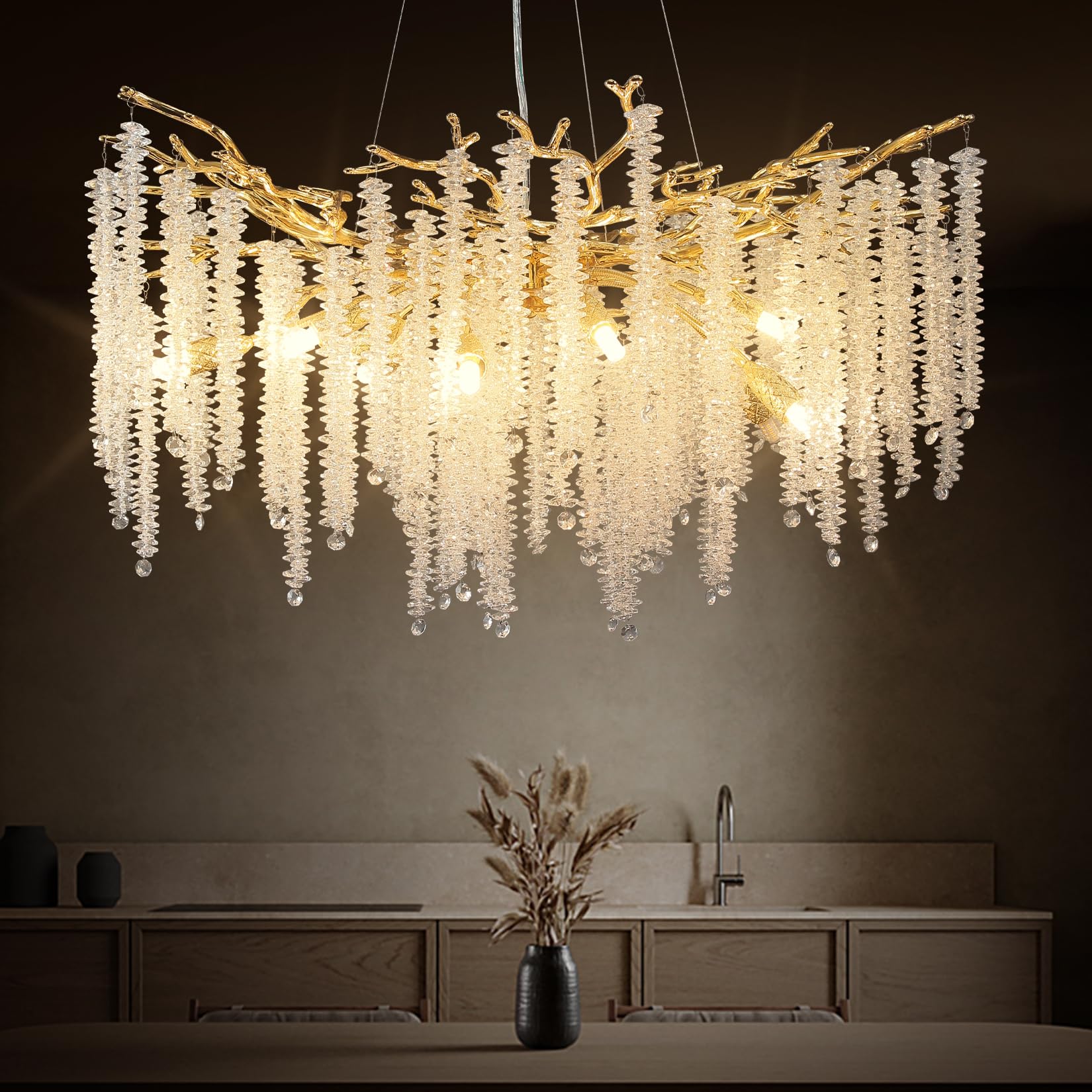 Modern Crystal Chandeliers for Dining Room,Gold Tree Branches Chandelier Lighting,Round Luxury High Ceiling Chandelier Light Fixture Hanging Pendant Light Fixtures-30