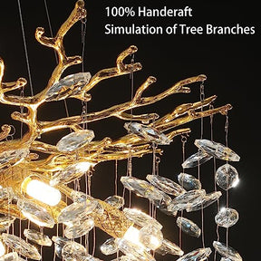 Modern Crystal Chandeliers for Dining Room,Gold Tree Branches Chandelier Lighting,Round Luxury Raindrop High Ceiling Chandelier Light Fixture Hanging Pendant Light Fixtures(23.6 inch)