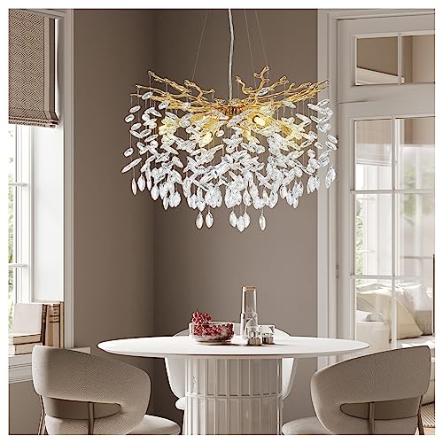 Modern Crystal Chandeliers for Dining Room,Gold Tree Branches Chandelier Lighting,Round Luxury Raindrop High Ceiling Chandelier Light Fixture Hanging Pendant Light Fixtures(23.6 inch)