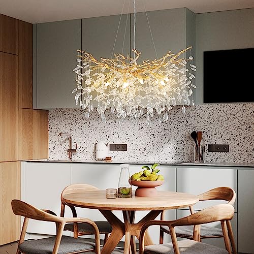 Modern Crystal Chandeliers for Dining Room,Gold Tree Branches Chandelier Lighting,Round Luxury Raindrop High Ceiling Chandelier Light Fixture Hanging Pendant Light Fixtures(30 inch)
