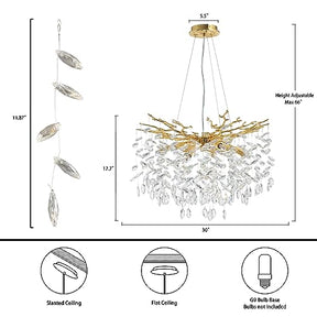 Modern Crystal Chandeliers for Dining Room,Gold Tree Branches Chandelier Lighting,Round Luxury Raindrop High Ceiling Chandelier Light Fixture Hanging Pendant Light Fixtures(30 inch)