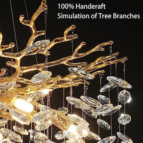 Modern Crystal Chandeliers for Dining Room,Gold Tree Branches Chandelier Lighting,Round Luxury Raindrop High Ceiling Chandelier Light Fixture Hanging Pendant Light Fixtures(30 inch)