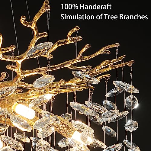 Modern Crystal Chandeliers for Dining Room,Gold Tree Branches Chandelier Lighting,Round Luxury Raindrop High Ceiling Chandelier Light Fixture Hanging Pendant Light Fixtures(30 inch)
