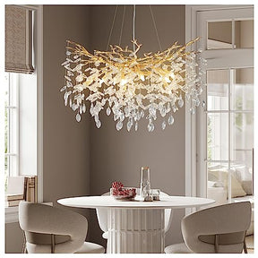 Modern Crystal Chandeliers for Dining Room,Gold Tree Branches Chandelier Lighting,Round Luxury Raindrop High Ceiling Chandelier Light Fixture Hanging Pendant Light Fixtures(30 inch)