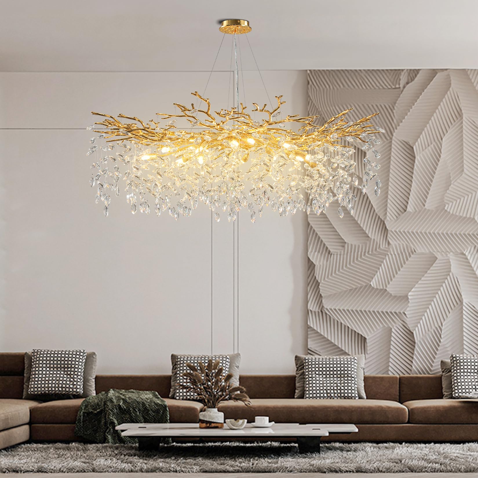 Modern Crystal Chandeliers for Dining Room,Gold Tree Branches Chandelier Lighting,Round Luxury Raindrop High Ceiling Chandelier Light Fixture Hanging Pendant Light Fixtures(47.2 inch)