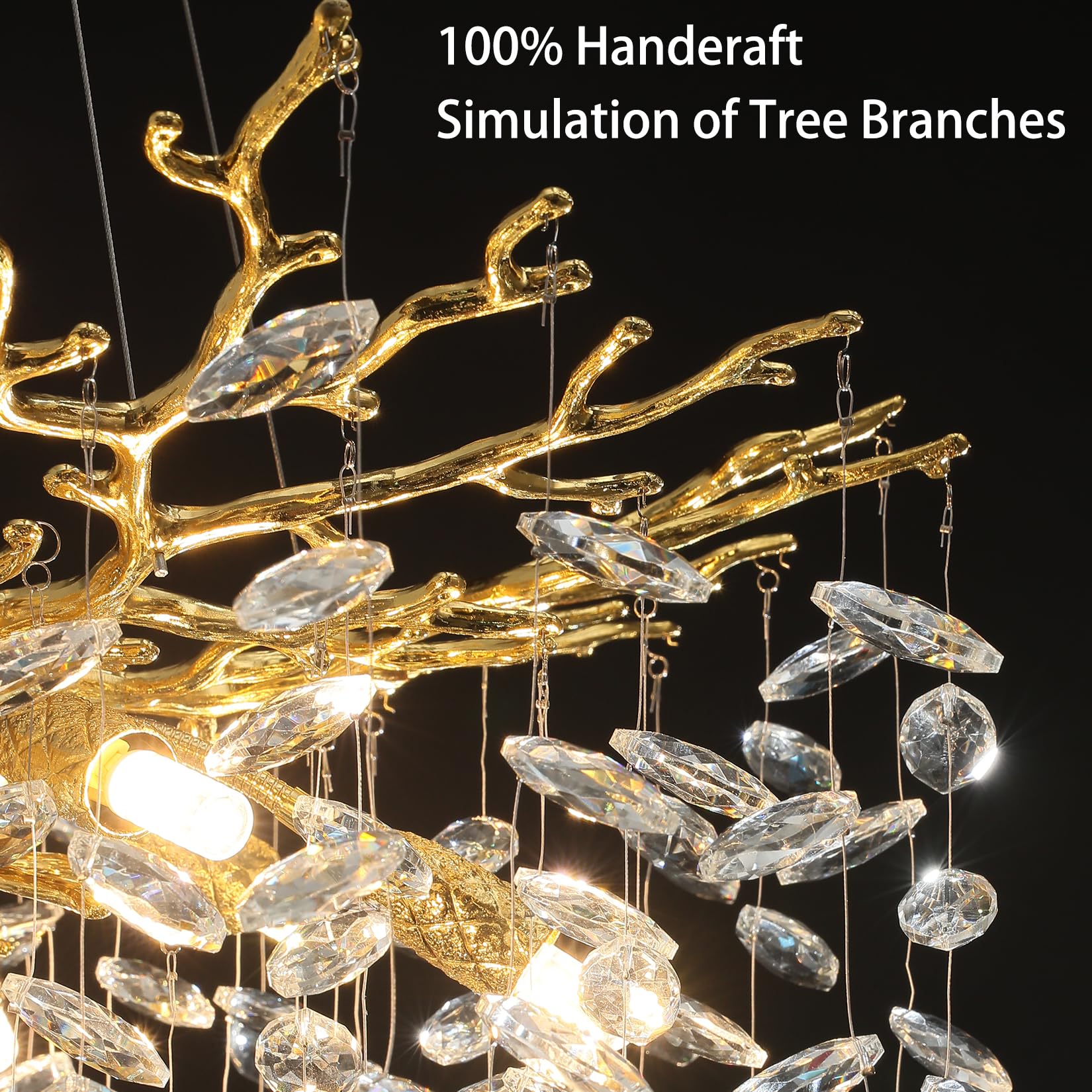 Modern Crystal Chandeliers for Dining Room,Gold Tree Branches Chandelier Lighting,Round Luxury Raindrop High Ceiling Chandelier Light Fixture Hanging Pendant Light Fixtures(47.2 inch)
