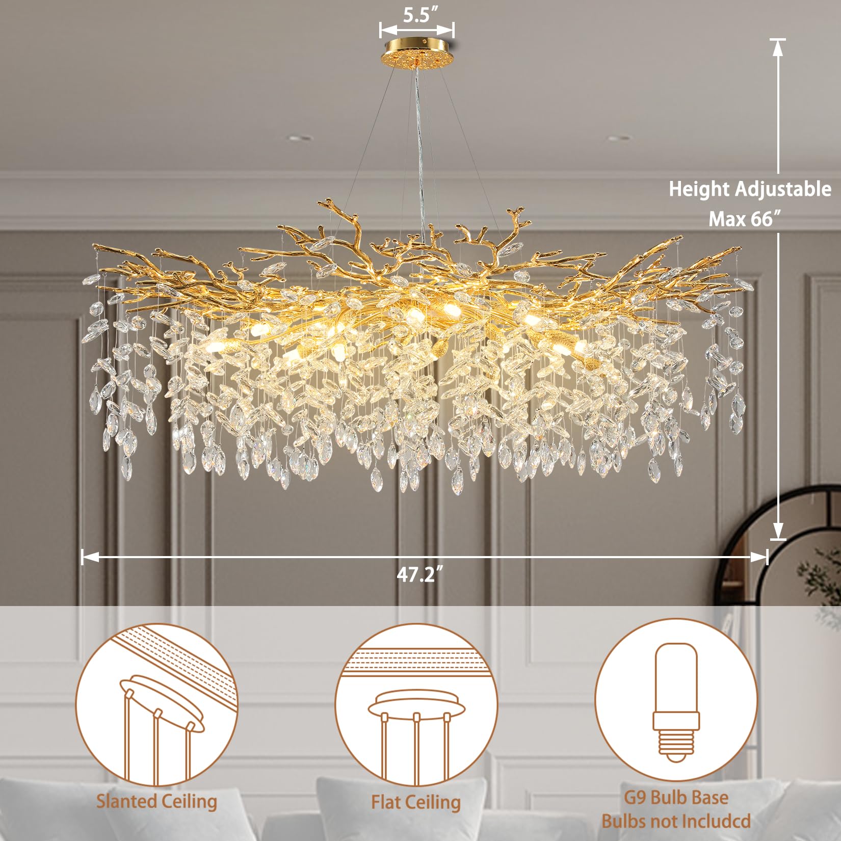 Modern Crystal Chandeliers for Dining Room,Gold Tree Branches Chandelier Lighting,Round Luxury Raindrop High Ceiling Chandelier Light Fixture Hanging Pendant Light Fixtures(47.2 inch)