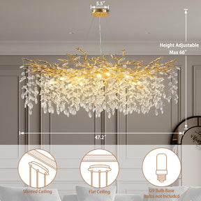 Modern Crystal Chandeliers for Dining Room,Gold Tree Branches Chandelier Lighting,Round Luxury Raindrop High Ceiling Chandelier Light Fixture Hanging Pendant Light Fixtures(47.2 inch)