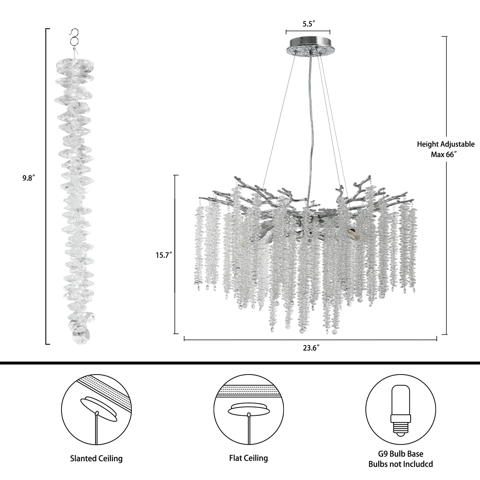 Modern Crystal Chandeliers for Dining Room,Silver Tree Branches Chandelier Lighting,Round Luxury High Ceiling Chandelier Light Fixture Hanging Pendant Light Fixtures-23.6"