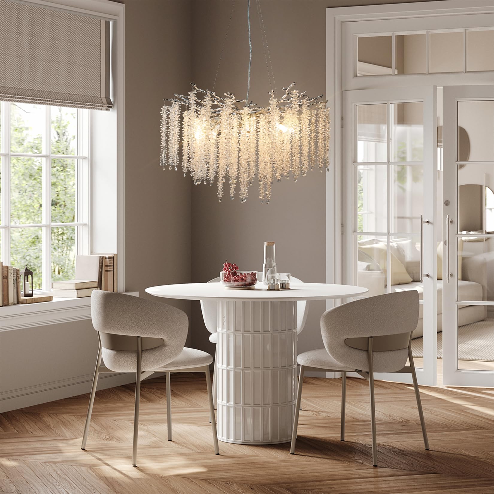 Modern Crystal Chandeliers for Dining Room,Silver Tree Branches Chandelier Lighting,Round Luxury High Ceiling Chandelier Light Fixture Hanging Pendant Light Fixtures-23.6"