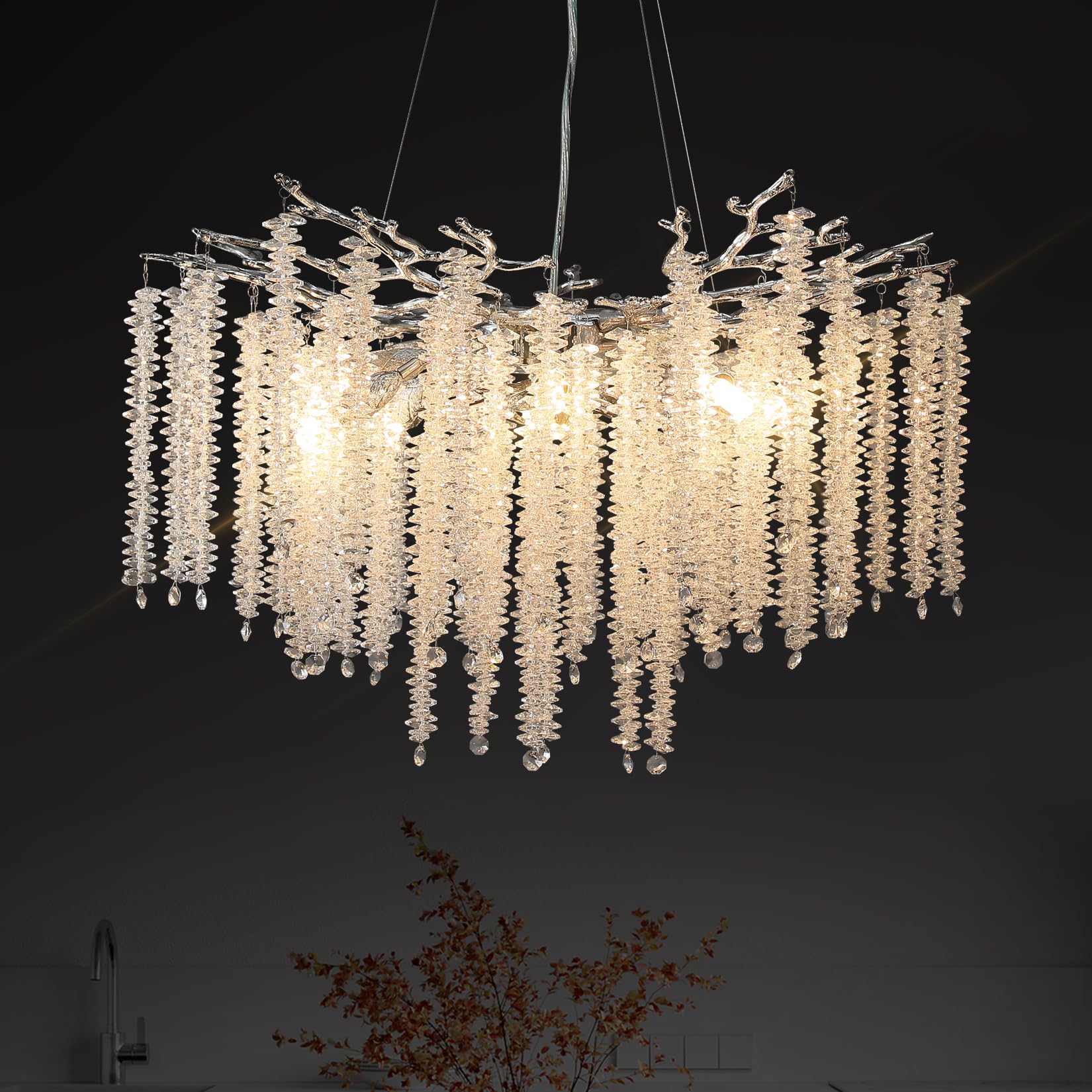 Modern Crystal Chandeliers for Dining Room,Silver Tree Branches Chandelier Lighting,Round Luxury High Ceiling Chandelier Light Fixture Hanging Pendant Light Fixtures-23.6"