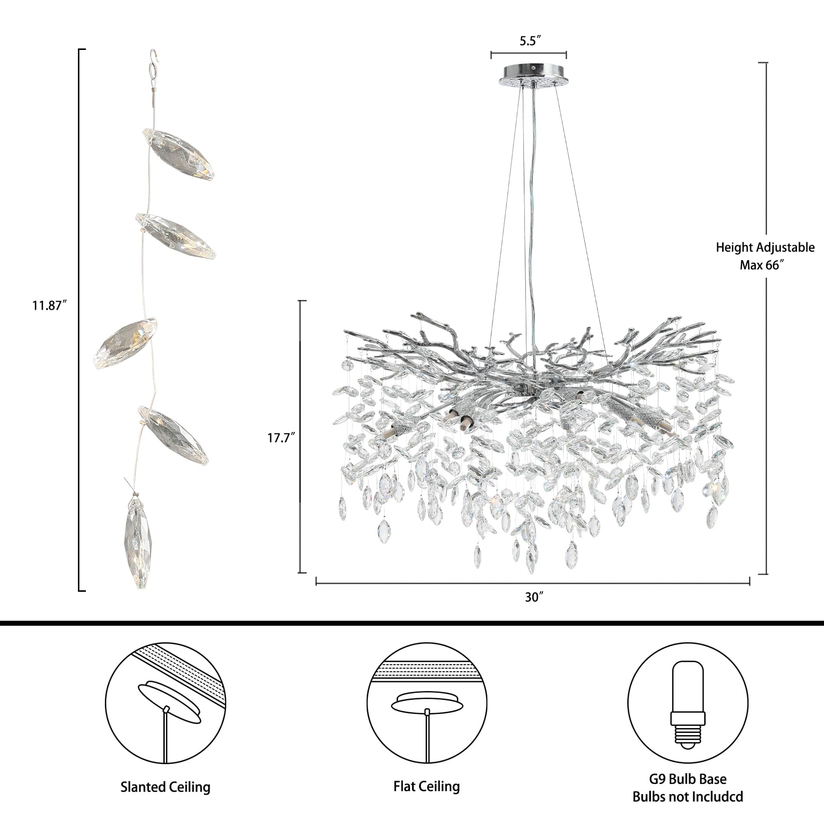 Modern Crystal Chandeliers for Dining Room,Silver Tree Branches Chandelier Lighting,Round Luxury Raindrop High Ceiling Chandelier Light Fixture Hanging Pendant Light Fixtures(30 inch)