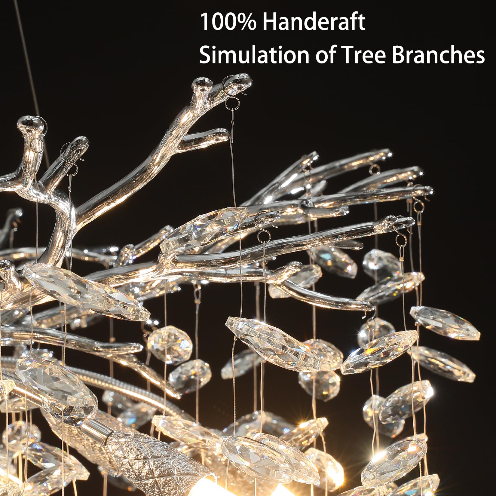 Modern Crystal Chandeliers for Dining Room,Silver Tree Branches Chandelier Lighting,Round Luxury Raindrop High Ceiling Chandelier Light Fixture Hanging Pendant Light Fixtures(30 inch)