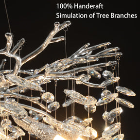 Modern Crystal Chandeliers for Dining Room,Silver Tree Branches Chandelier Lighting,Round Luxury Raindrop High Ceiling Chandelier Light Fixture Hanging Pendant Light Fixtures(30 inch)