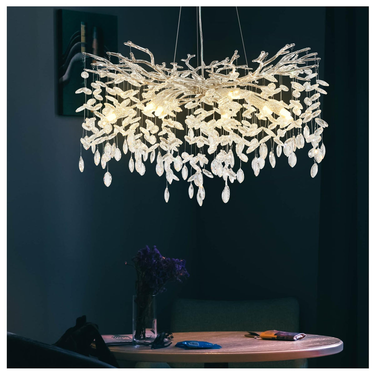 Modern Crystal Chandeliers for Dining Room,Silver Tree Branches Chandelier Lighting,Round Luxury Raindrop High Ceiling Chandelier Light Fixture Hanging Pendant Light Fixtures(30 inch)