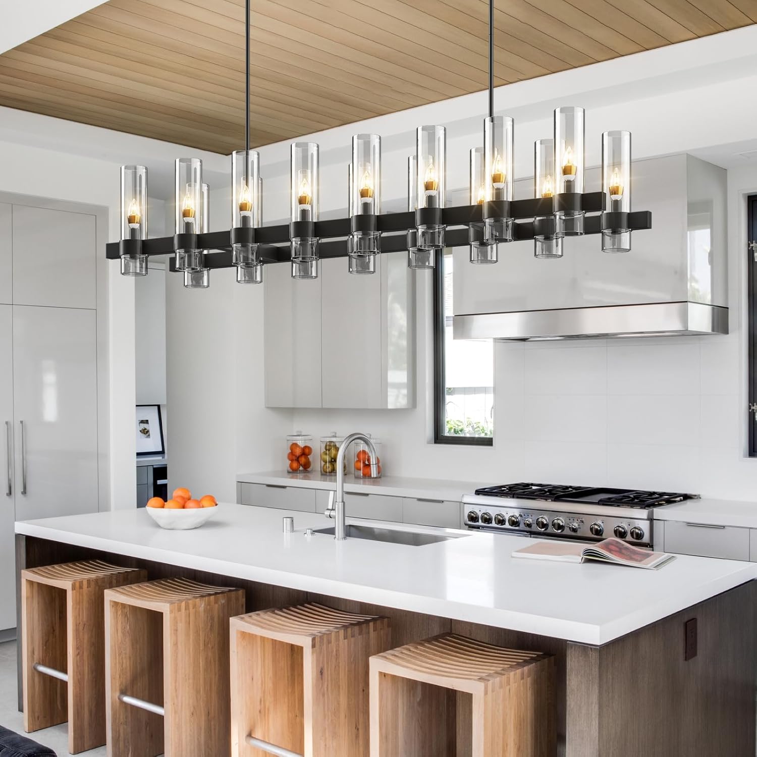 Modern Farmhouse 16-Light Adjustable Linear Chandelier for Kitchen Island & Dining