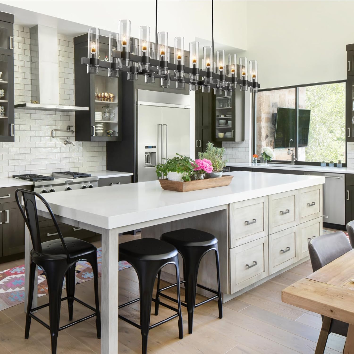 Modern Farmhouse 20-Light Linear Chandelier: Adjustable Black Kitchen Island Lighting