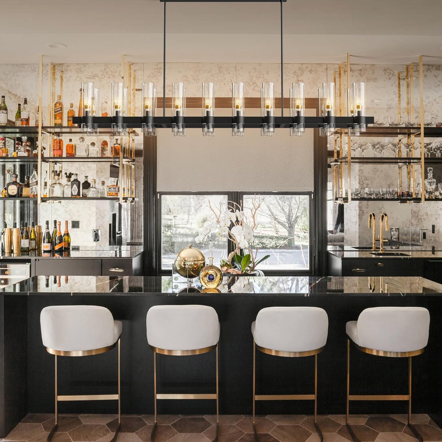 Modern Farmhouse 20-Light Linear Chandelier: Adjustable Black Kitchen Island Lighting