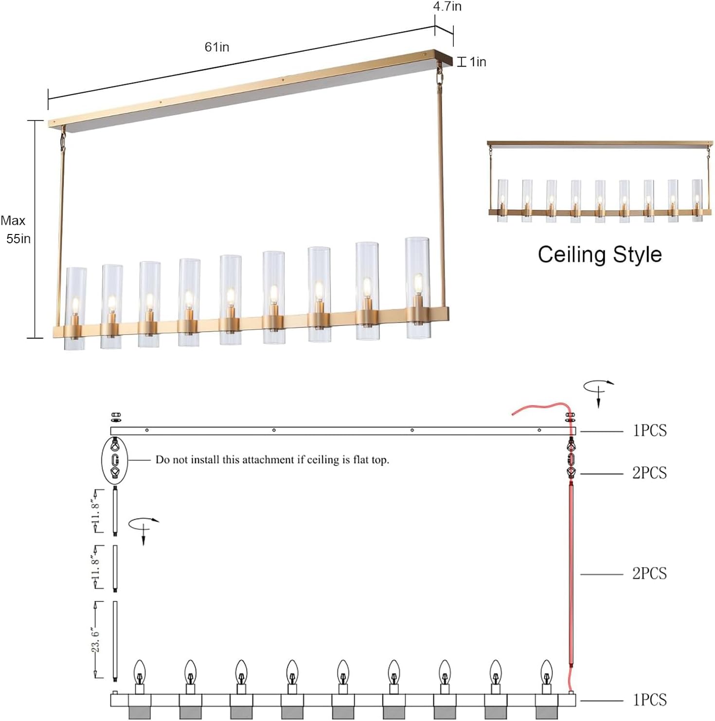 Modern Farmhouse 9-Light Brass Kitchen Island Chandelier with Adjustable Linear Design