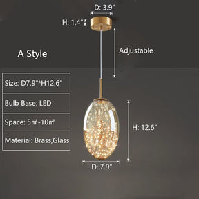 Modern Gray Glass Starry Sky Pendant Light Fixture for Dining Room/Bar/Kitchen Island - A: D7.9"*H12.6"/1.5kgTri-Color Light (Warm/White/Neutral)Blushlighting