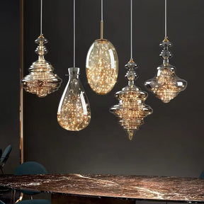 Modern Gray Glass Starry Sky Pendant Light Fixture for Dining Room/Bar/Kitchen Island - A: D7.9"*H12.6"/1.5kgTri-Color Light (Warm/White/Neutral)Blushlighting