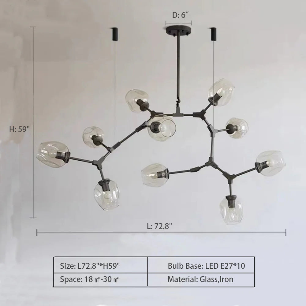Modern Industrial Branch Chandelier with Multiple Glass Pendants Extra Large for Living or Dining Room