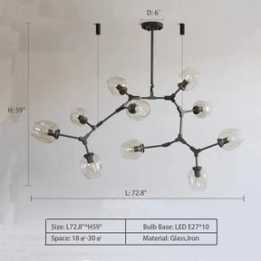 Modern Industrial Branch Chandelier with Multiple Glass Pendants Extra Large for Living or Dining Room