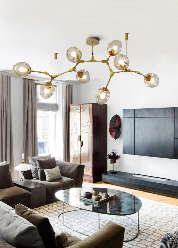 Modern Industrial Branch Chandelier with Multiple Glass Pendants Extra Large for Living or Dining Room