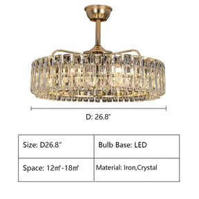 Modern Invisible Blade Fan Light Crystal Chandelier for Living/Dining Room/Bedroom