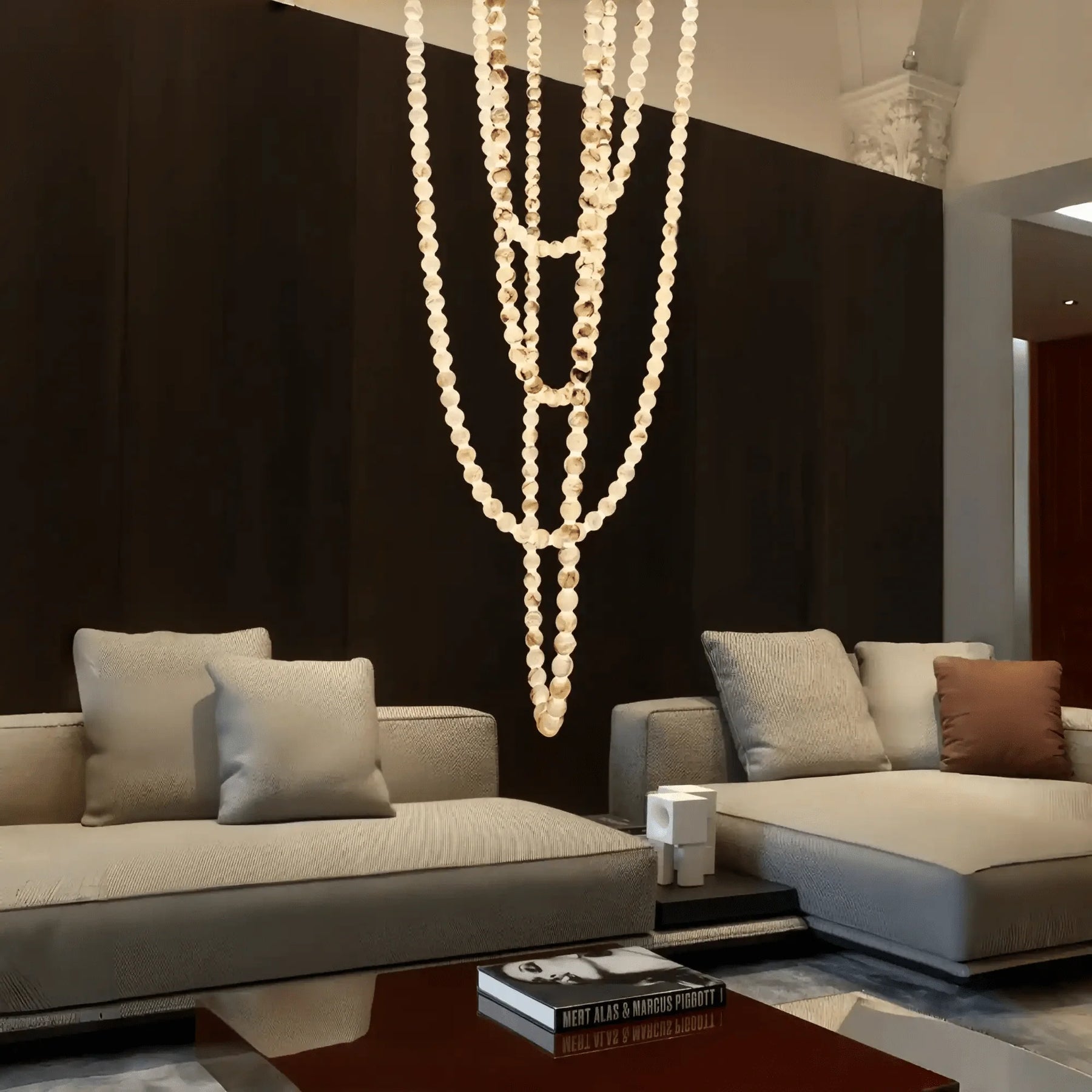 Modern LED Natural Alabaster Globes Beads Hanging Chandelier Indoor Lighting Fixture - 167 globes - L100+L200+L400+L500CM/L40"+L80"+L157"+L197"Neutral Light (4000K)Brass + WhiteMerlinlamps