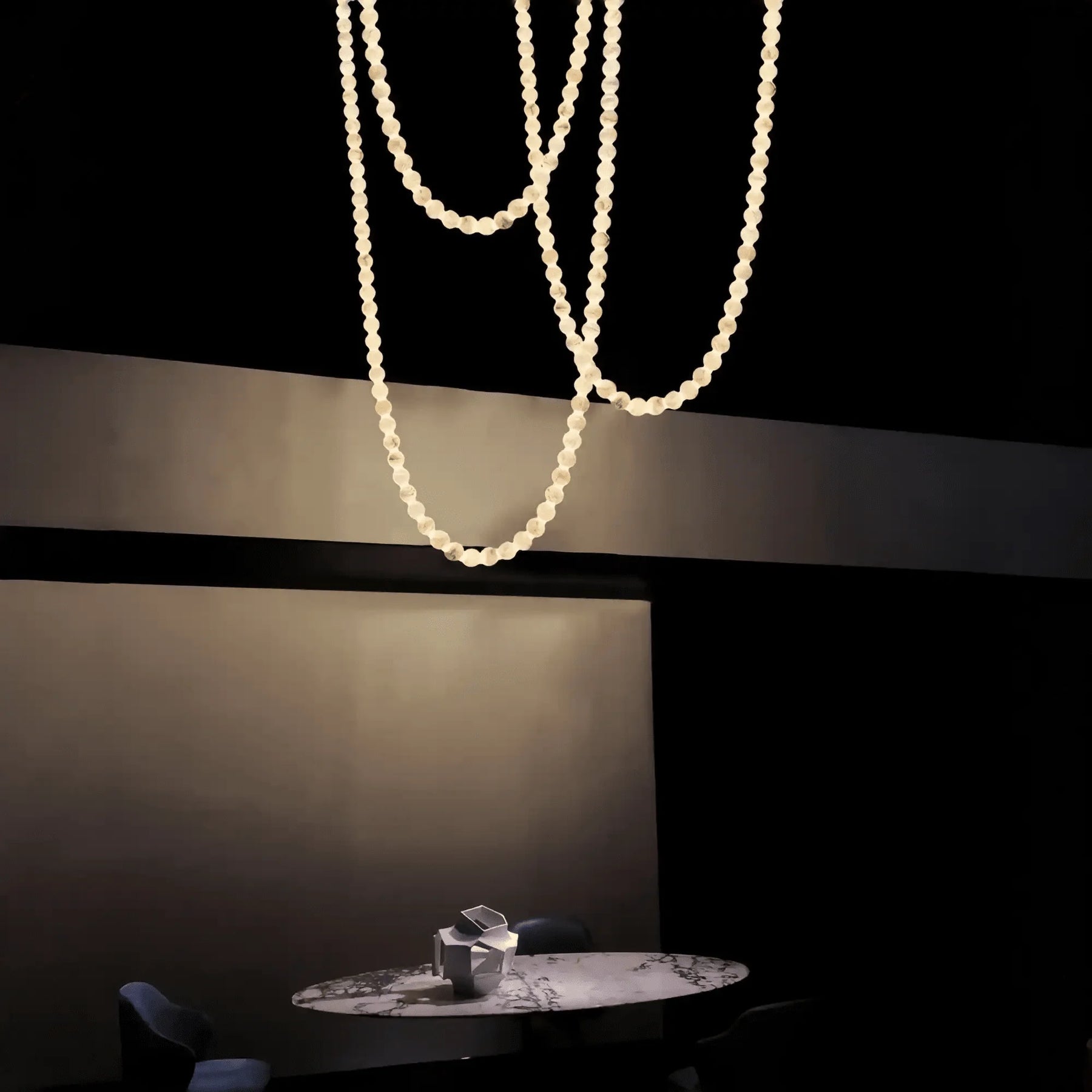 Modern LED Natural Alabaster Globes Beads Hanging Chandelier Indoor Lighting Fixture - 125 globes - L100+L300+L500CM/L40"+L118"+L197"Warm Light (3000K)Black + WhiteMerlinlamps