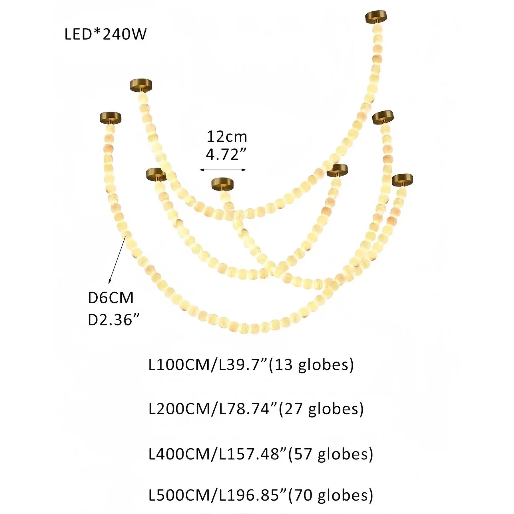 Modern LED Natural Alabaster Globes Beads Hanging Chandelier Indoor Lighting Fixture - 167 globes - L100+L200+L400+L500CM/L40"+L80"+L157"+L197"Warm Light (3000K)Brass + WhiteMerlinlamps