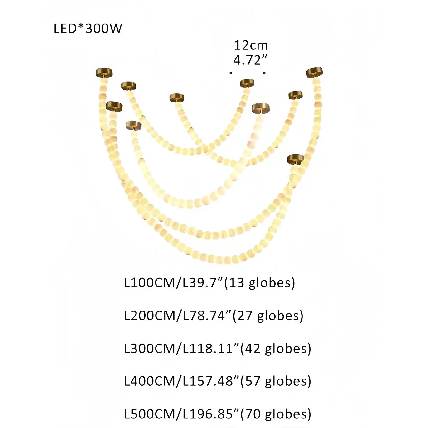 Modern LED Natural Alabaster Globes Beads Hanging Chandelier Indoor Lighting Fixture - 209 globes - L100+L200+L300+L400+L500CM/L40"+L80"+L118"+L157"+L197"Warm Light (3000K)Brass + WhiteMerlinlamps