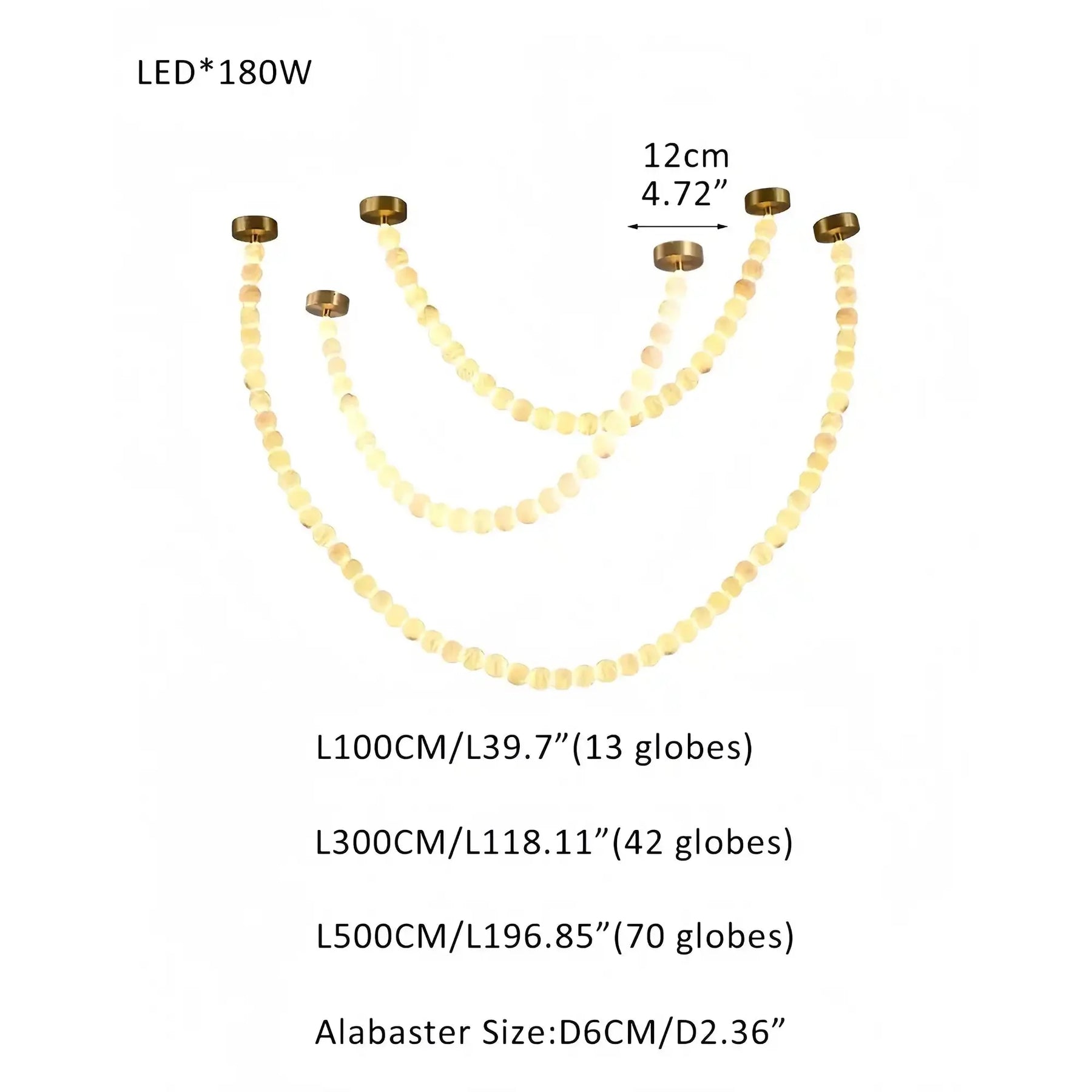 Modern LED Natural Alabaster Globes Beads Hanging Chandelier Indoor Lighting Fixture - 125 globes - L100+L300+L500CM/L40"+L118"+L197"Warm Light (3000K)Brass + WhiteMerlinlamps