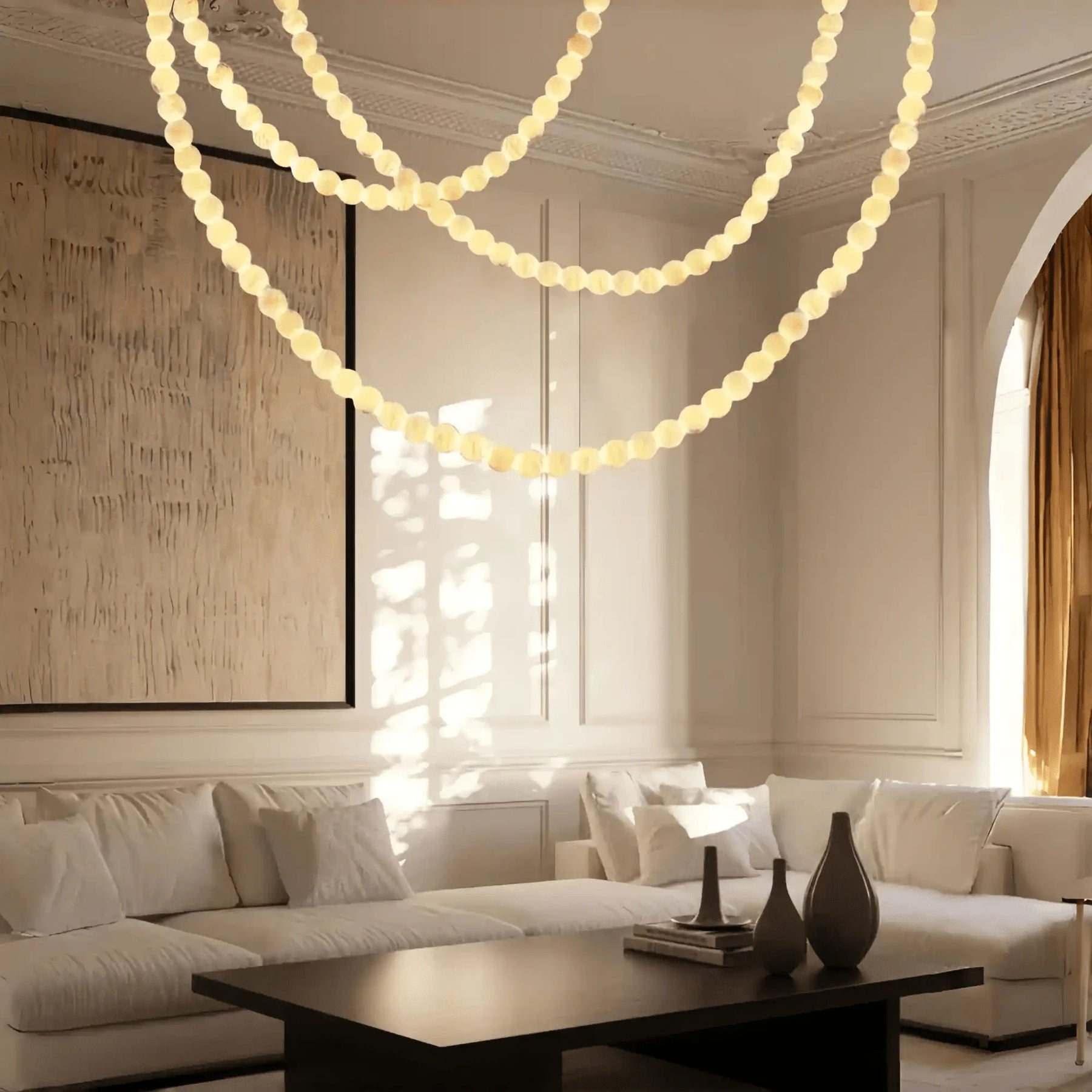 Modern LED Natural Alabaster Globes Beads Hanging Chandelier Indoor Lighting Fixture - 125 globes - L100+L300+L500CM/L40"+L118"+L197"Cool Light (6000k)Brass + WhiteMerlinlamps