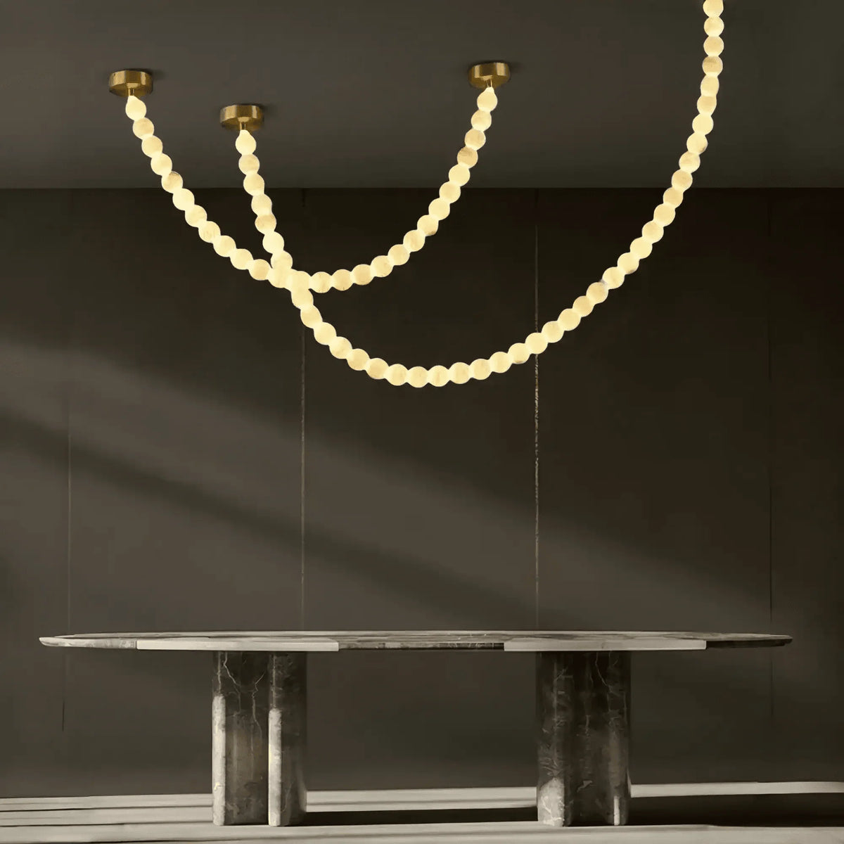 Modern LED Natural Alabaster Globes Beads Hanging Chandelier Indoor Lighting Fixture - 112 globes - L300+L500CM/L118"+L197"Warm Light (3000K)Black + WhiteMerlinlamps