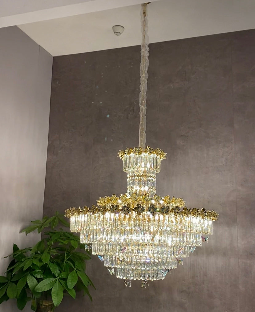 Modern Light Luxury Multi-tiered Round Ctystal Chandelier for Living Room/Staircase/Foyer， gold finish, butterfly ,flower