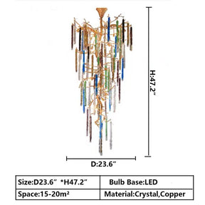Modern Light Luxury Brass Branches Colored Glass Column Chandelier for Staircase/Living Room/High-ceiling Space